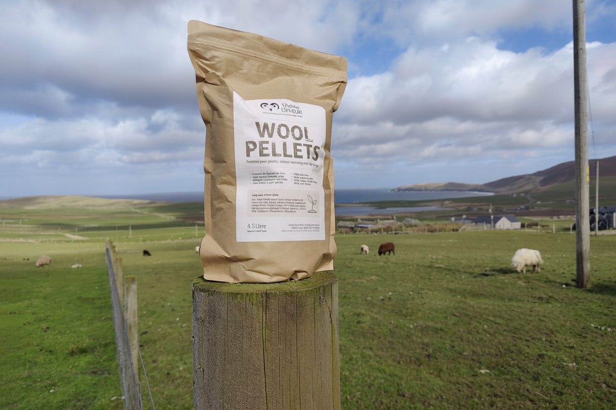 3.5 Litre bag of wool pellets on a fence post with island view and sheep behind
