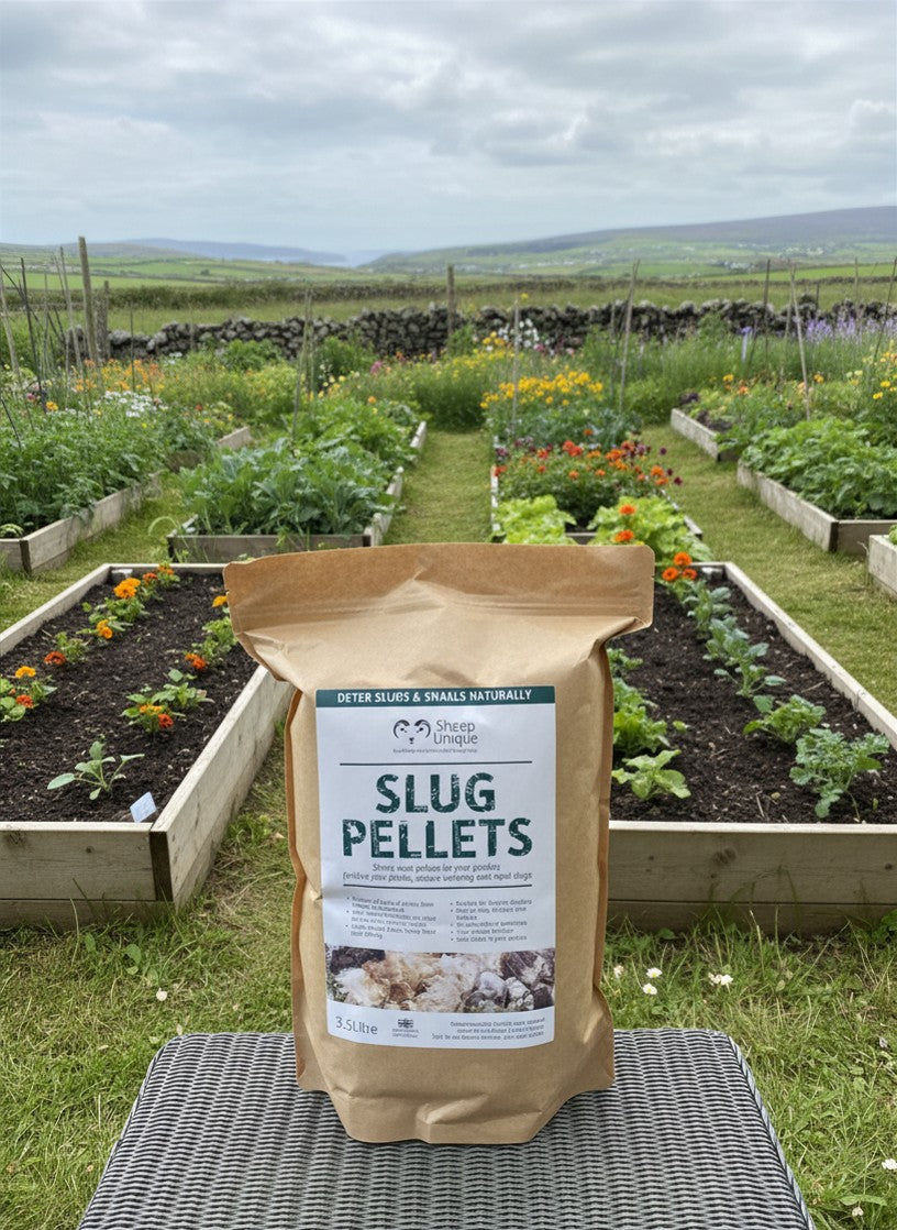 Bag of slug pellets with a garden in the background