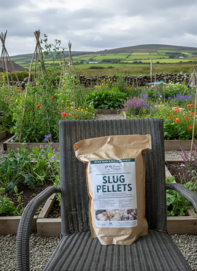 Bag of slug pellets on a chair in a garden with a scenic background