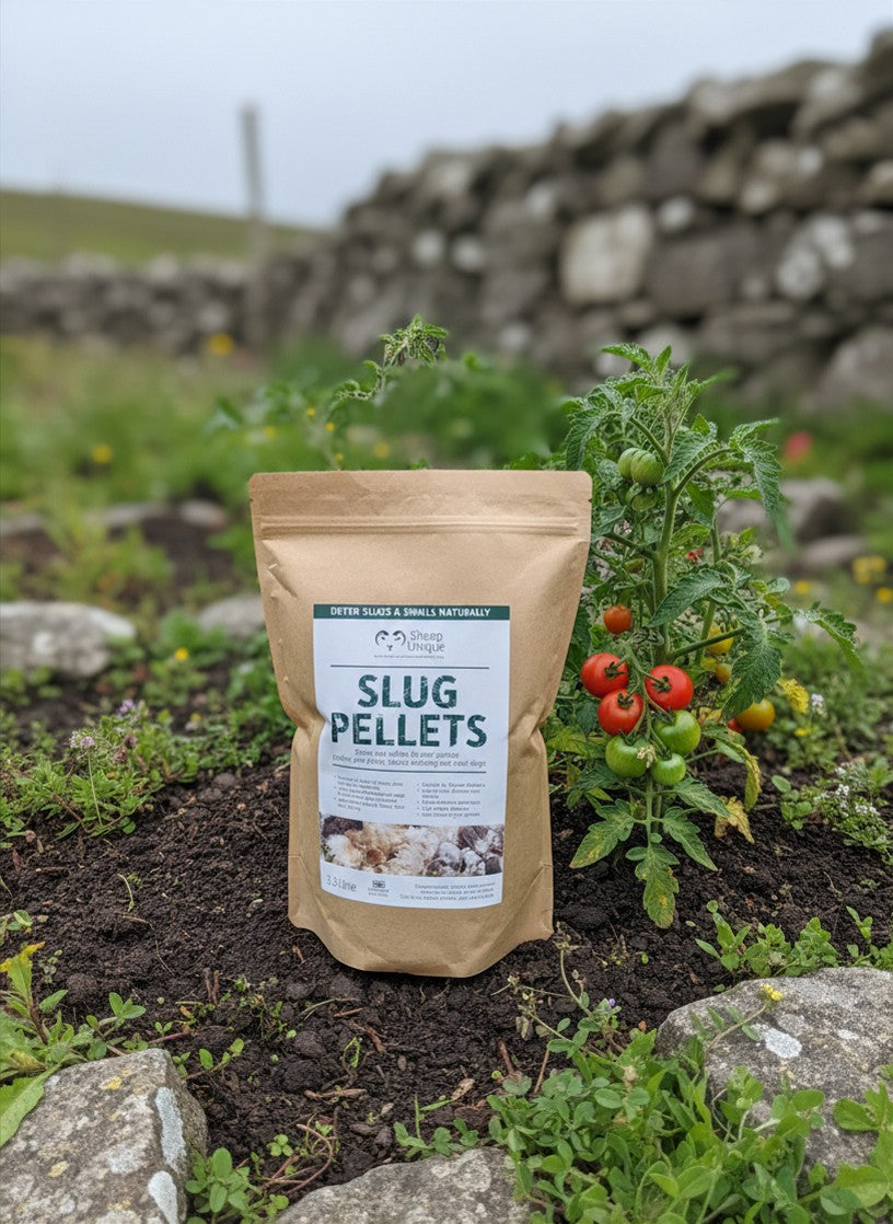 Bag of slug pellets in a garden with tomatoes and stone wall in the background